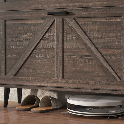 Farmhouse Shoe Storage Cabinet With Barn Door Design, 2 Flip Drawers, Hooks - Dark Oak