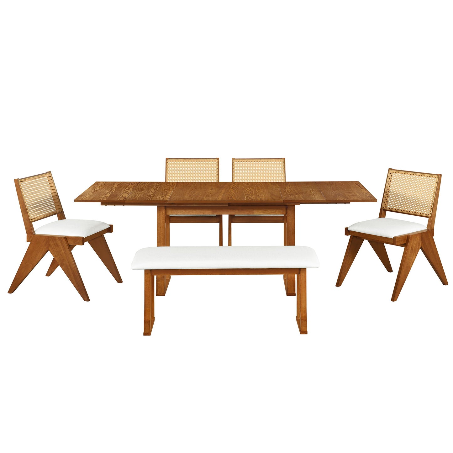 Modern 6 Piece Extendable Dining Table Set With 4 Wicker Back Upholstered Dining Chairs And Long Bench, 2 Removable Leaf - Walnut