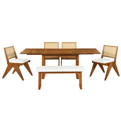 Modern 6 Piece Extendable Dining Table Set With 4 Wicker Back Upholstered Dining Chairs And Long Bench, 2 Removable Leaf - Walnut