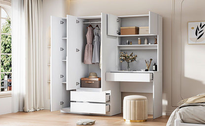 3 Door Storage Desk Wardrobe For Bedroom With Shelves And 3 Drawers - White