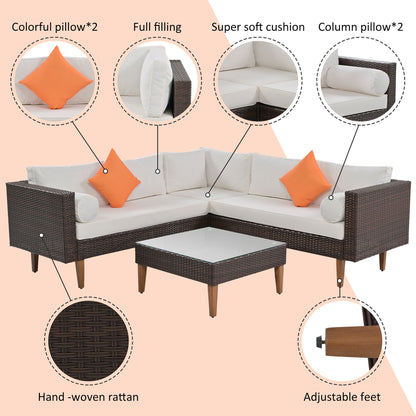 4 Pieces Outdoor Wicker Sofa Set, Patio Furniture With Colorful Pillows, L - Shape Sofa Set - Beige / Brown
