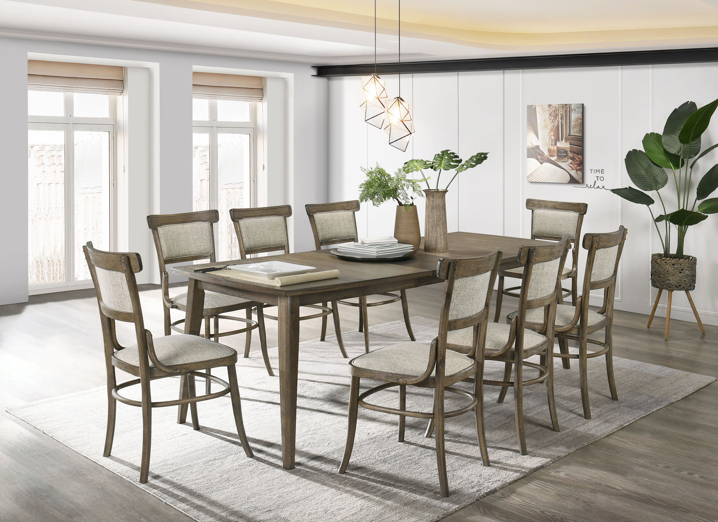 Bistro - 9 Piece Dining Table With Extension Leaf And Off White Fabric Dining Chairs (Set of 9) - Vintage Walnut