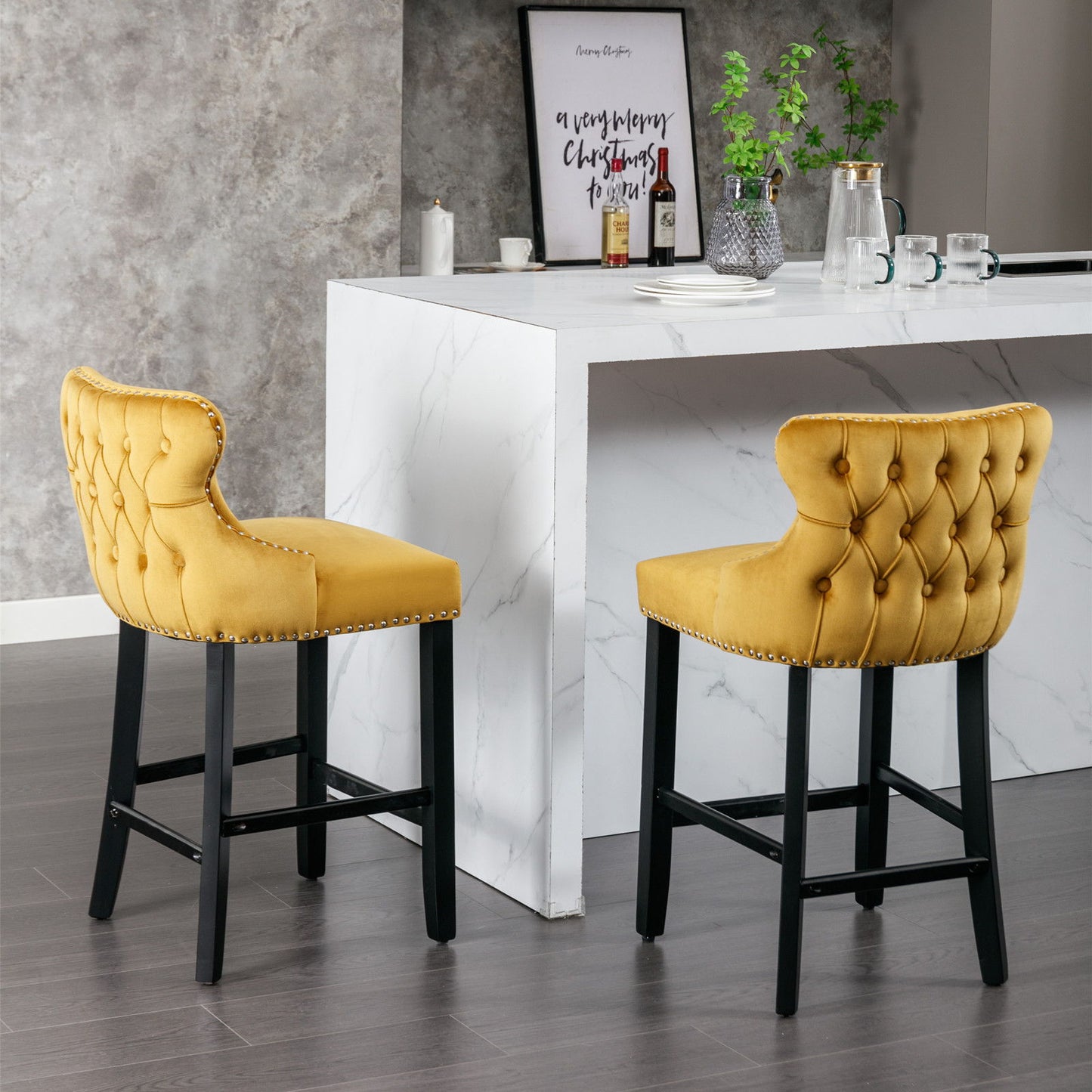 Contemporary Velvet Upholstered Wing-Back Barstools With Button Tufted Decoration And Wooden Legs, And Chrome Nailhead Trim, Leisure Style Bar Chairs, Bar Stools (Set of 4) - Gold