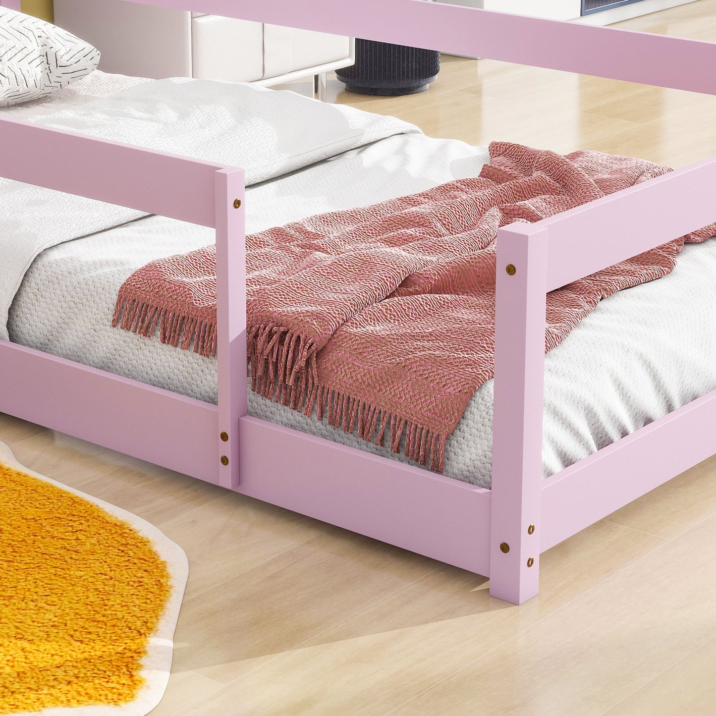 Twin Size Wood Bed With House-Shaped Headboard Floor Bed With Fences - Pink
