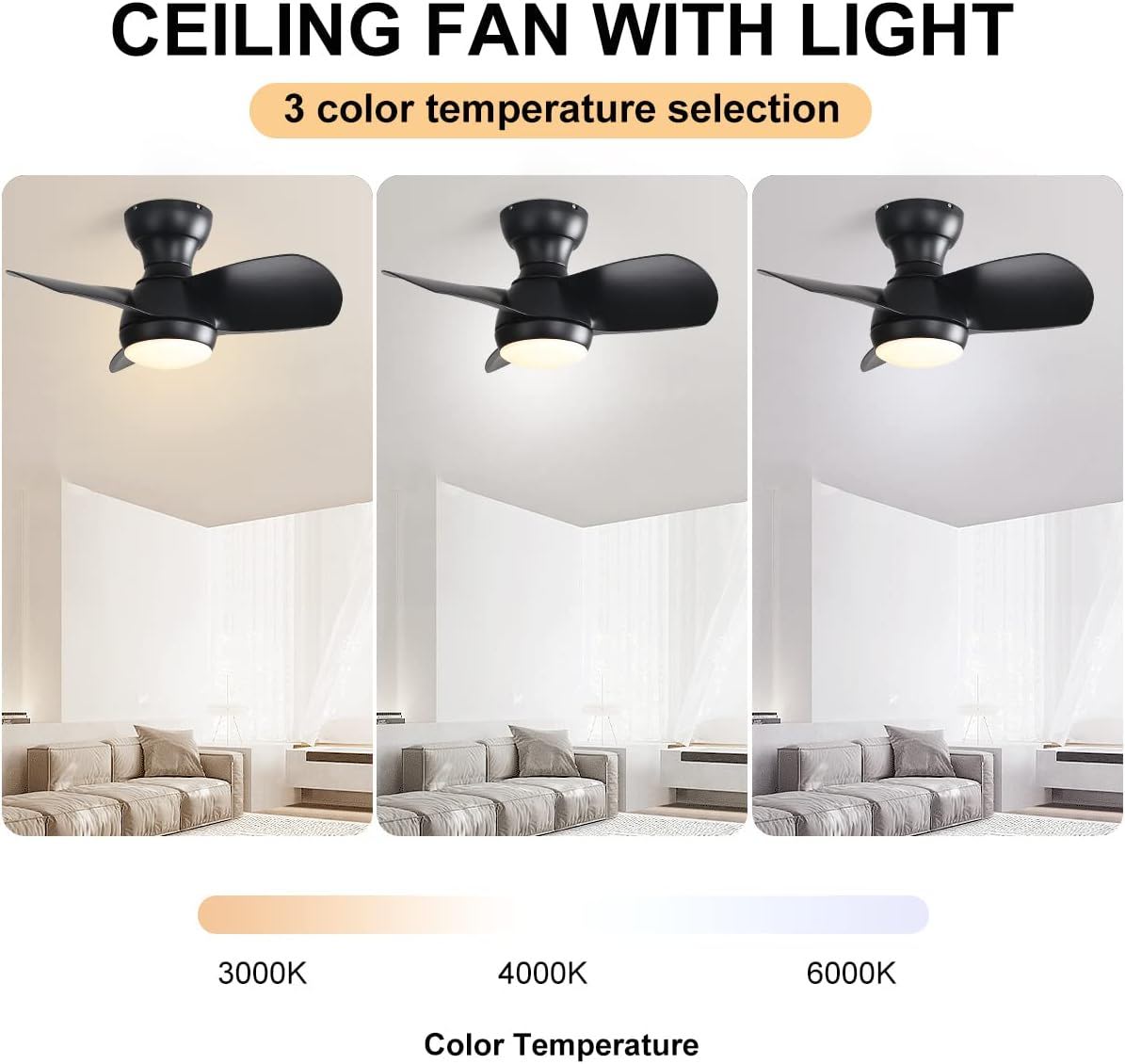 23" Bedroom Ceiling Fan With 3 Color Dimmable 3 ABS Blades Remote Control Dc Motor Black With 18W Led Light - Black