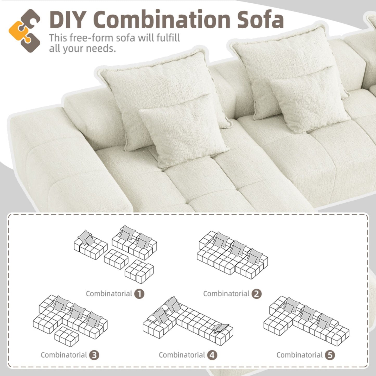 Modern Oversized Modular Sectional Sofa, Sparkling Chenille Fabric Soft Cushion Sofa With 6 Pillows, 6 Pieces Diy Combination Tufted Sofa, No Assembly Required - Beige