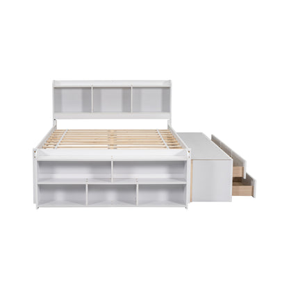 Full Bed With Bookcase Headboard, Under Bed Storage Drawers And Bed End Storage Case - White