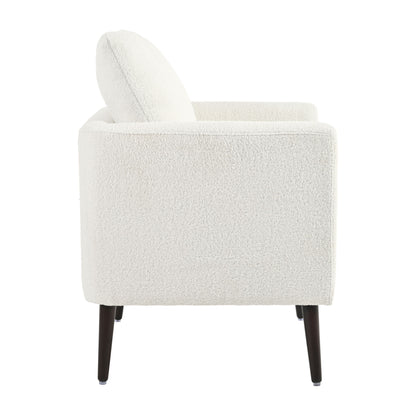 Modern Teddy Fabric Accent Chair - Mid - Century Upholstered Armchair With Pillow And Wood Legs For Living Room, Or Reception Room - White