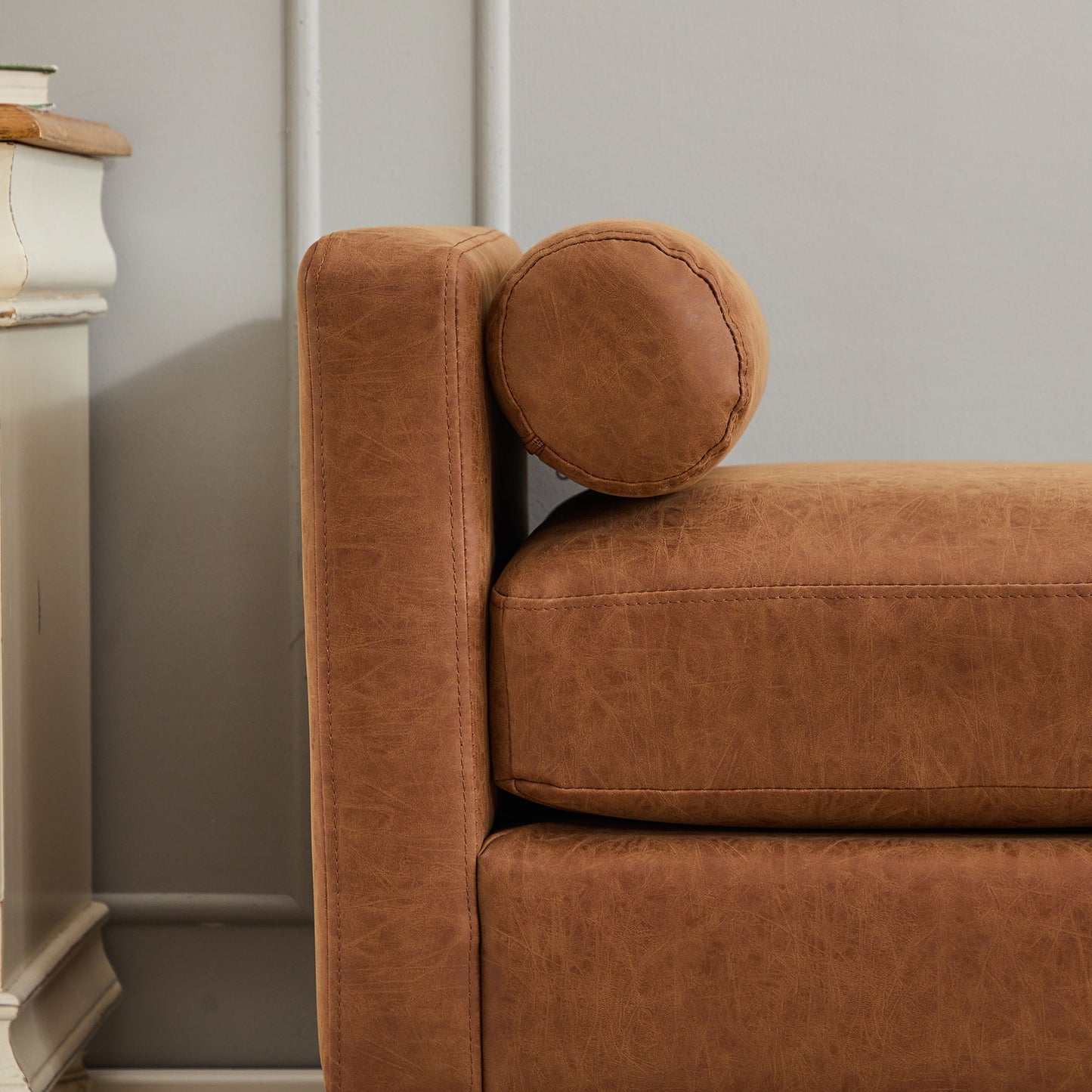 Elegant Upholstered Bench, Daybed, Ottoman With Wood Legs & 2 Bolster Pillows - Brown