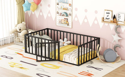 Twin Size Floor Bed Frame With Fence And Door - Black