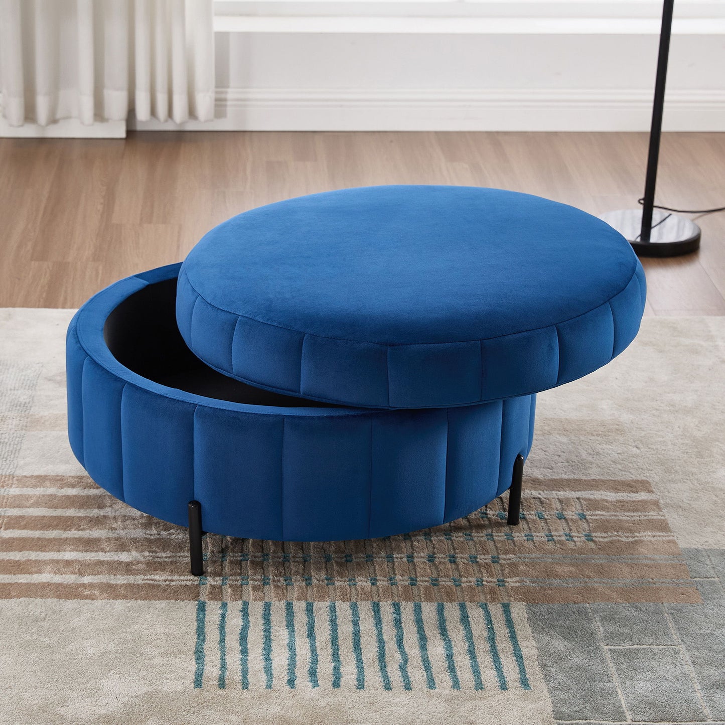 Upholstered Round Ottoman With Reversible Lid, Velvet Storage Stool, Channel Tufted Pumpkin Shape Footstool For Living Room, Bedroom And Office - Navy