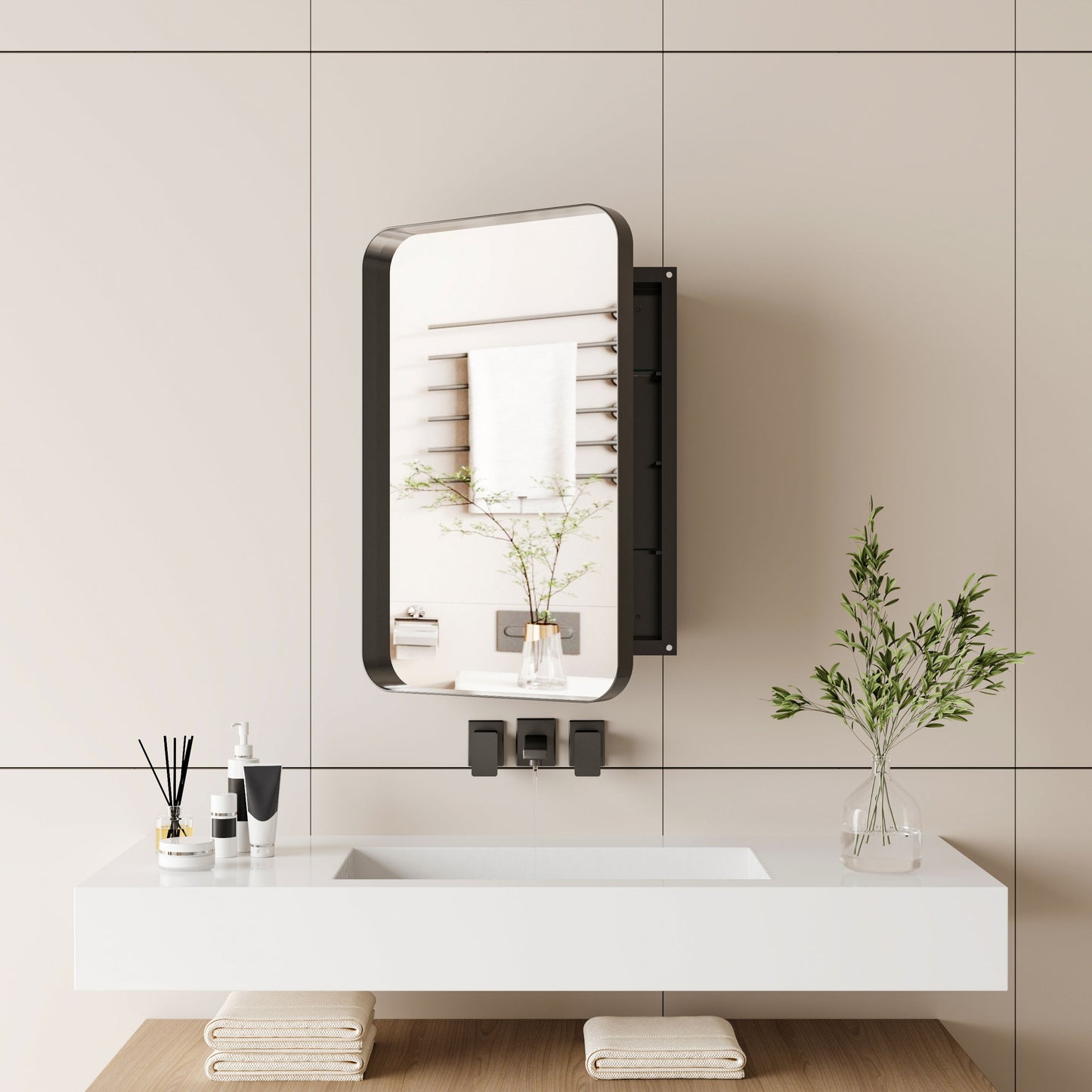 Recessed Metal Framed Medicine Cabinet With Mirror And Adjustable Shelves Wall Mirror With Storage For Bathroom - Black
