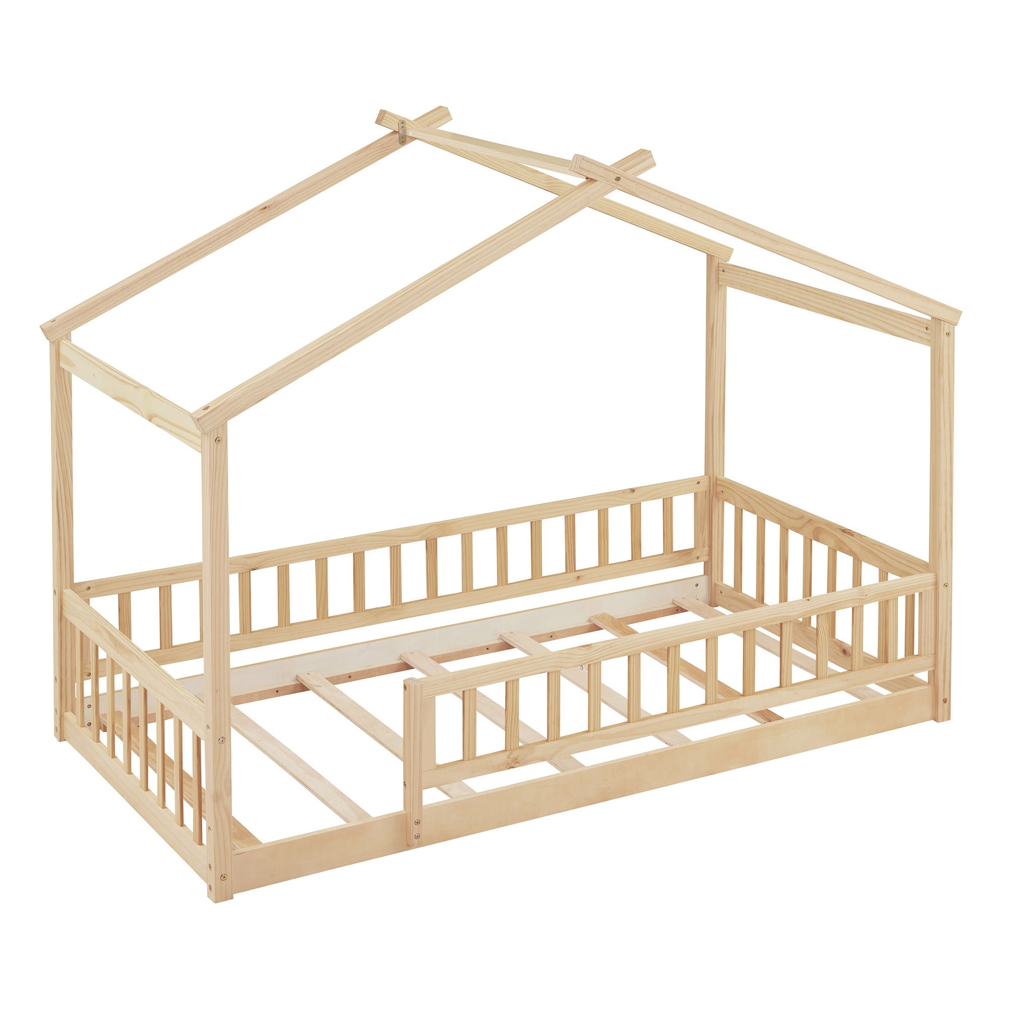 Twin Size Bed House Bed Frame With Fence - Natural