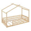 Twin Size Bed House Bed Frame With Fence - Natural