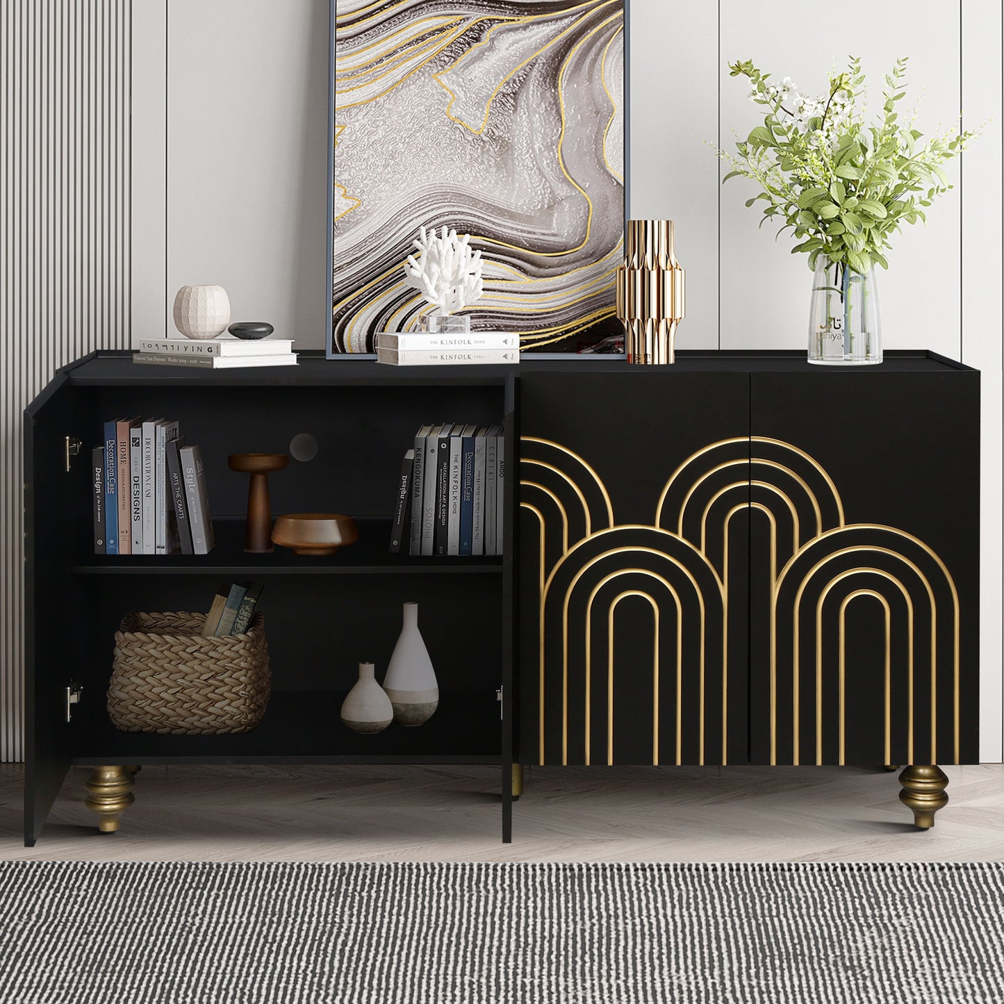 4 Door Cabinet Modern Fluted Sideboard Buffet With Storage, Curve Element With Strict Lines - Black