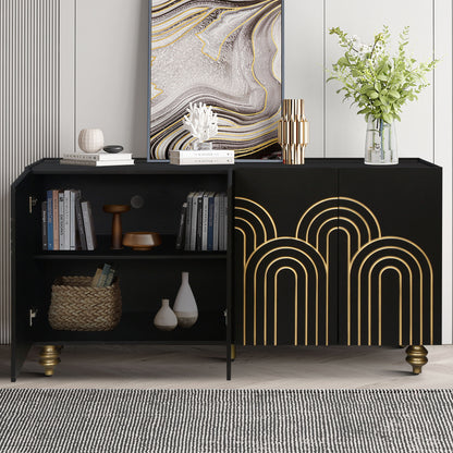 4 Door Cabinet Modern Fluted Sideboard Buffet With Storage, Curve Element With Strict Lines - Black