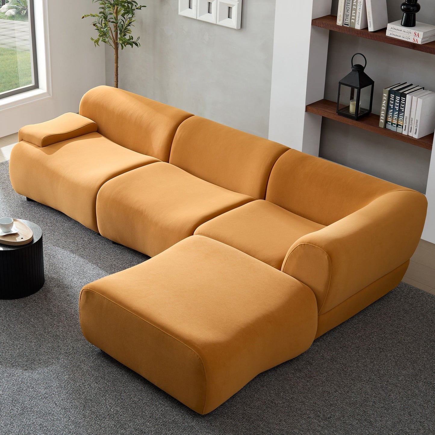 Sectional Sofa With Durable Fabric And High Density Sponge, Solid Wood Frame, 4 Seats - Orange