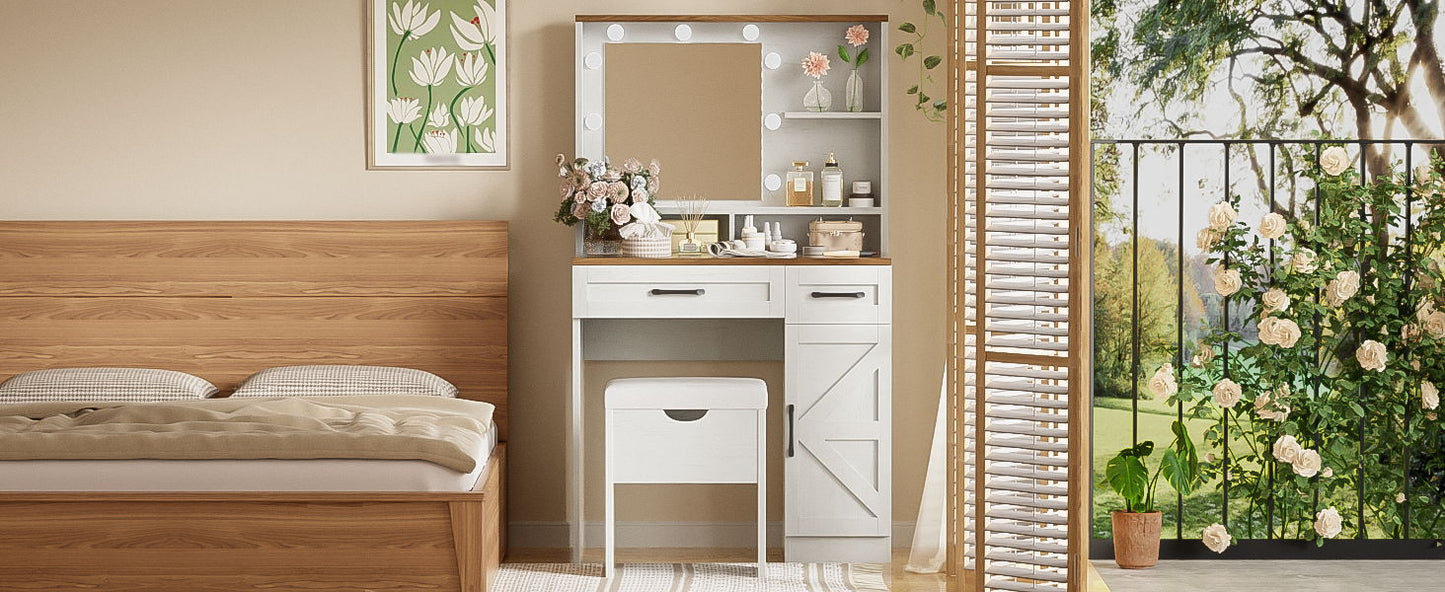 Farmhouse Makeup Vanity Desk With Mirror And Lights, 3 Lighting Modes, Vanity Set With Stool, Dressing Table With Adjustable Shelves, 2 Drawers And Side Cabinet For Bedroom - White