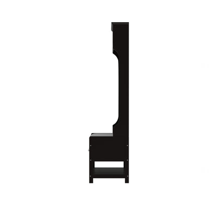 3 In 1 Wooden Hallway Hall Tree With Storage Drawers, Coat Rack, Shoe Rack Bench, And Cushion - Amber Graphite / Black
