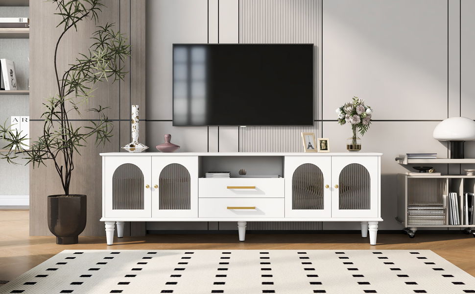 Retro TV Stand For TVs Up To 75", Entertainment Center Media Console With Fluted Glass Doors And 5 Solid Wood Legs For Living Room - White