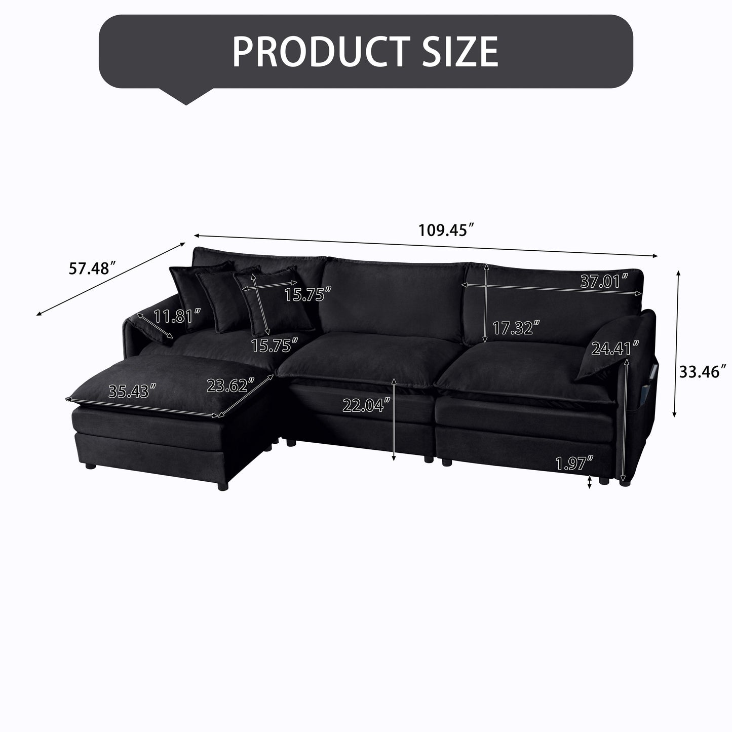 Modular Sectional Sofa Oversized Deep Seat L Shaped Couch Set With Movable Ottoman - Black