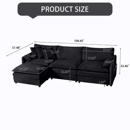 Modular Sectional Sofa Oversized Deep Seat L Shaped Couch Set With Movable Ottoman - Black