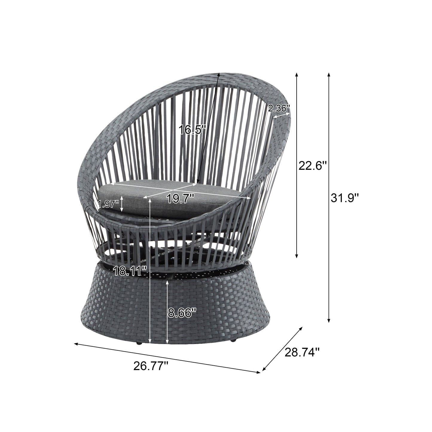 Modern Swivel Wicker Lounge Chair With Pe Rattan And Iron Frame, Round Design - Gray