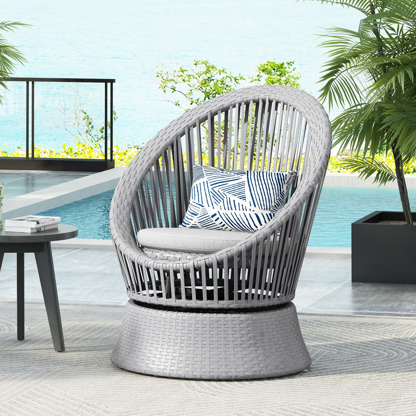 Modern Silver Swivel Wicker Lounge Chair With Xianrattan And Iron Frame, Stylish Round Design - Silver Gray