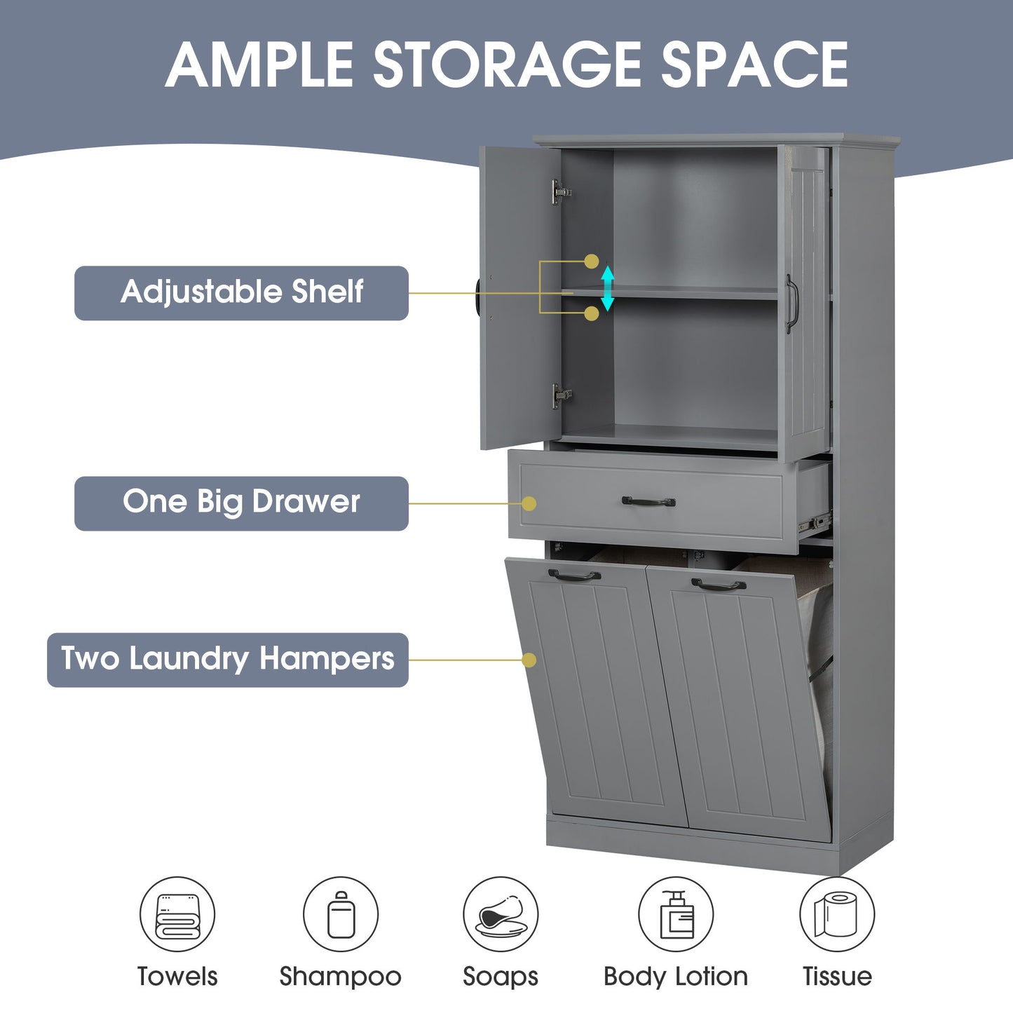 Stylish Bathroom Storage Cabinet With 2 Laundry Baskets - Gray
