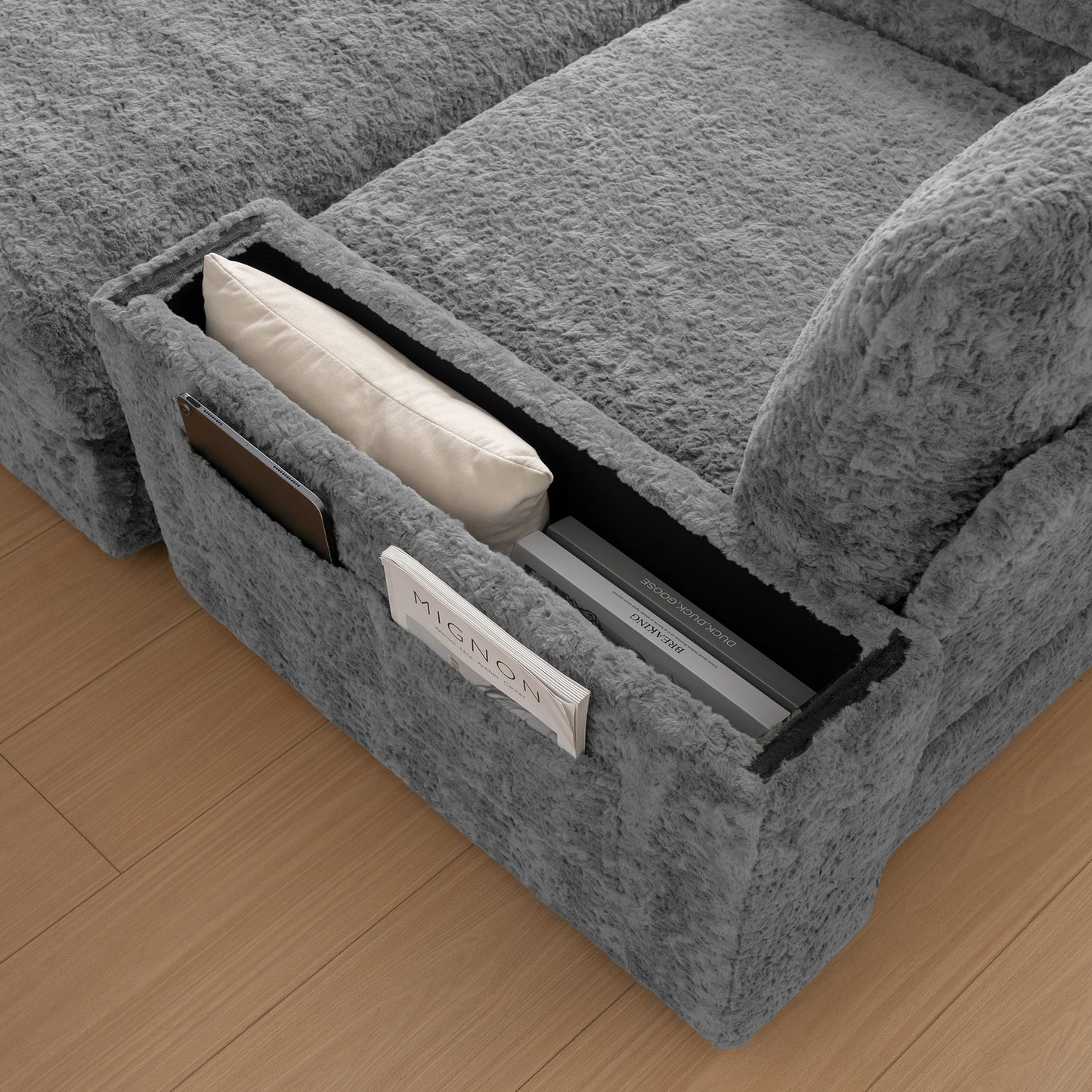 Oversized Chaise Lounge Indoor Rabbit Fur Sofa Bed With Storage Ottoman And Armrests Cup Holders With Deep Seat - Gray