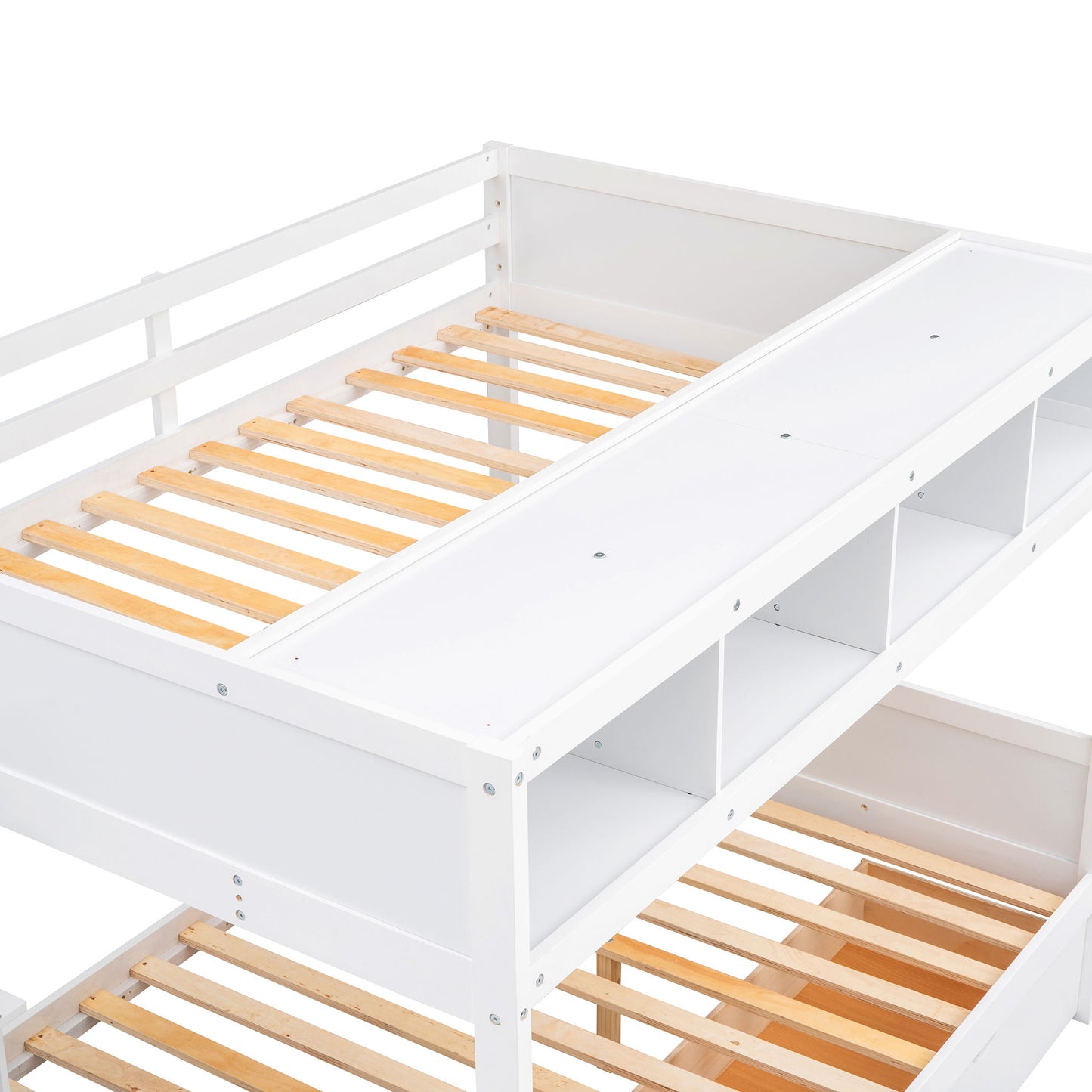Twin Over Full Bunk Bed With Shelfs, Storage Staircase And 2 Drawers - White