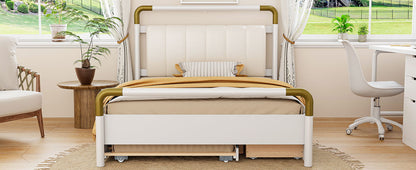 Queen Size Storage Platform Bed, With 2 Big Drawers, Twin Long Size Trundle - White