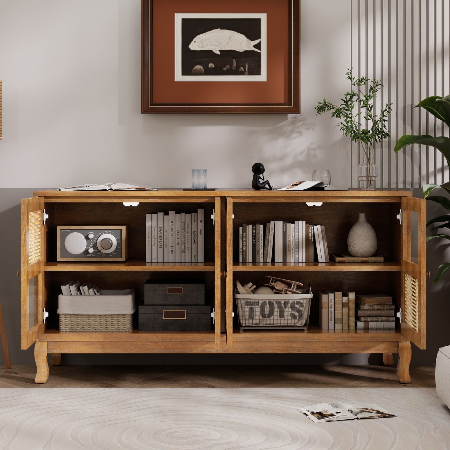 Retro 4 Door Sideboard With Large Storage Space, Artificial Rattan Doors - Transparent Glass - Antique Brown