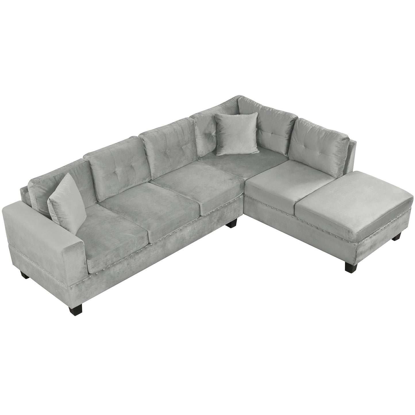 Modern Sectional Sofa With Storage Ottoman, L - Shape Couch With 2 Pillows And Cup Holders - Gray