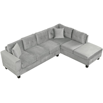 Modern Sectional Sofa With Storage Ottoman, L - Shape Couch With 2 Pillows And Cup Holders - Gray