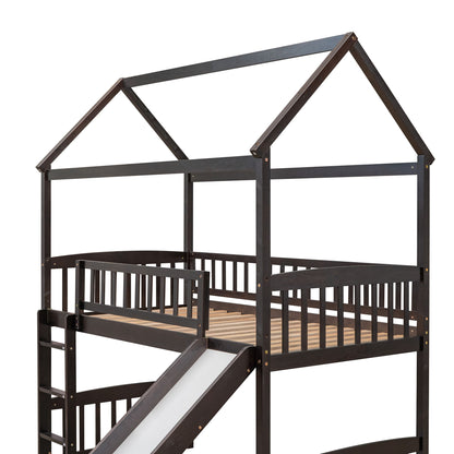 Twin House Loft Bed With Slide - Espresso