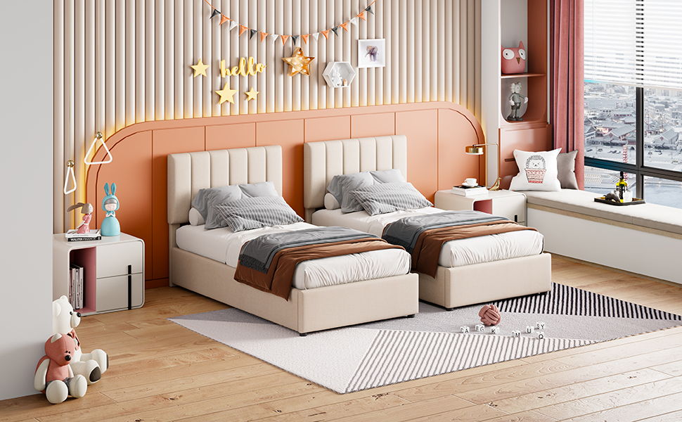 King Size Upholstered Platform Bed With A Hydraulic Storage System - Beige