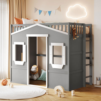 Twin Size House Loft Bed With Ladder - Gray / White