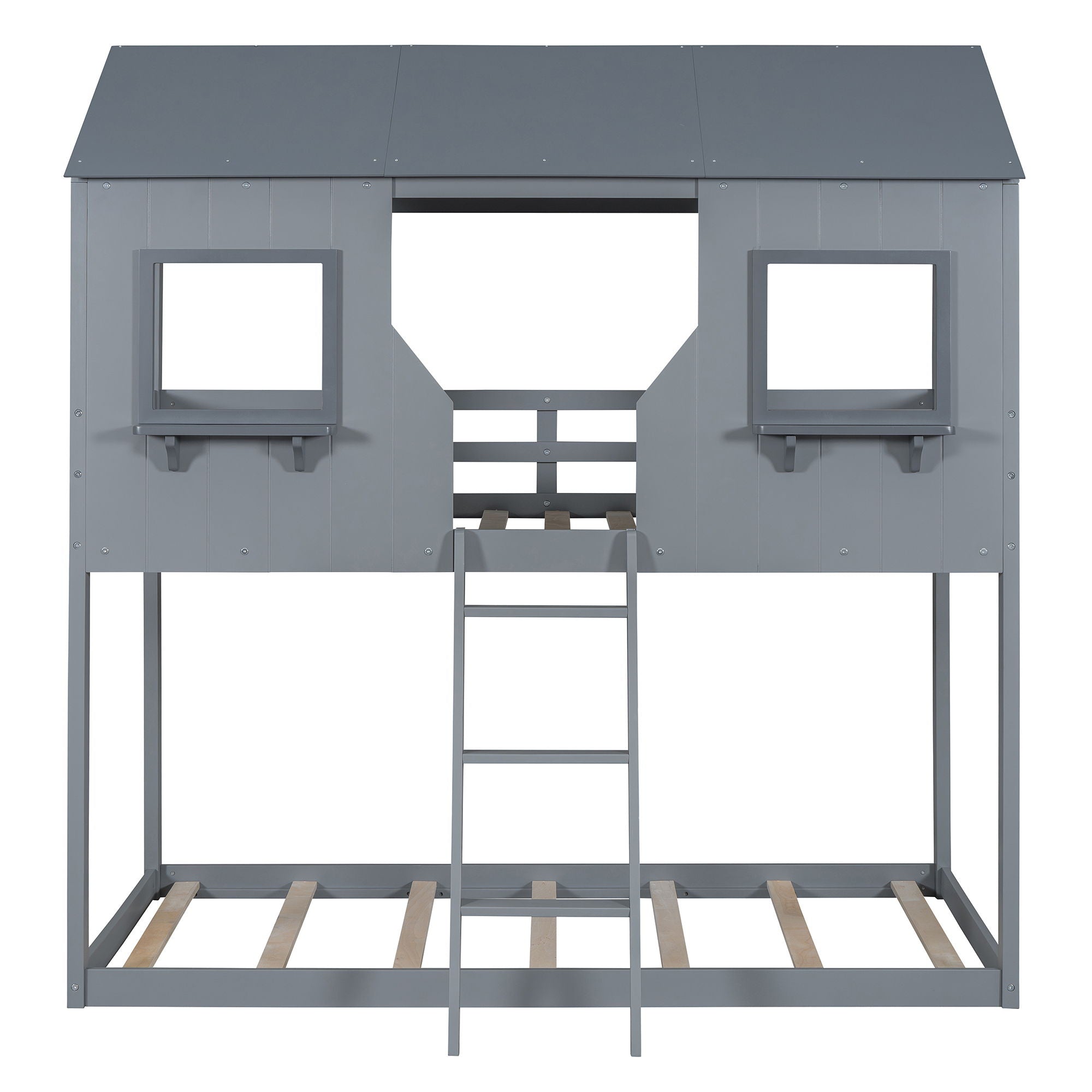 Twin Over Twin Bunk Bed With Roof, Window, Guardrail, Ladder - Gray
