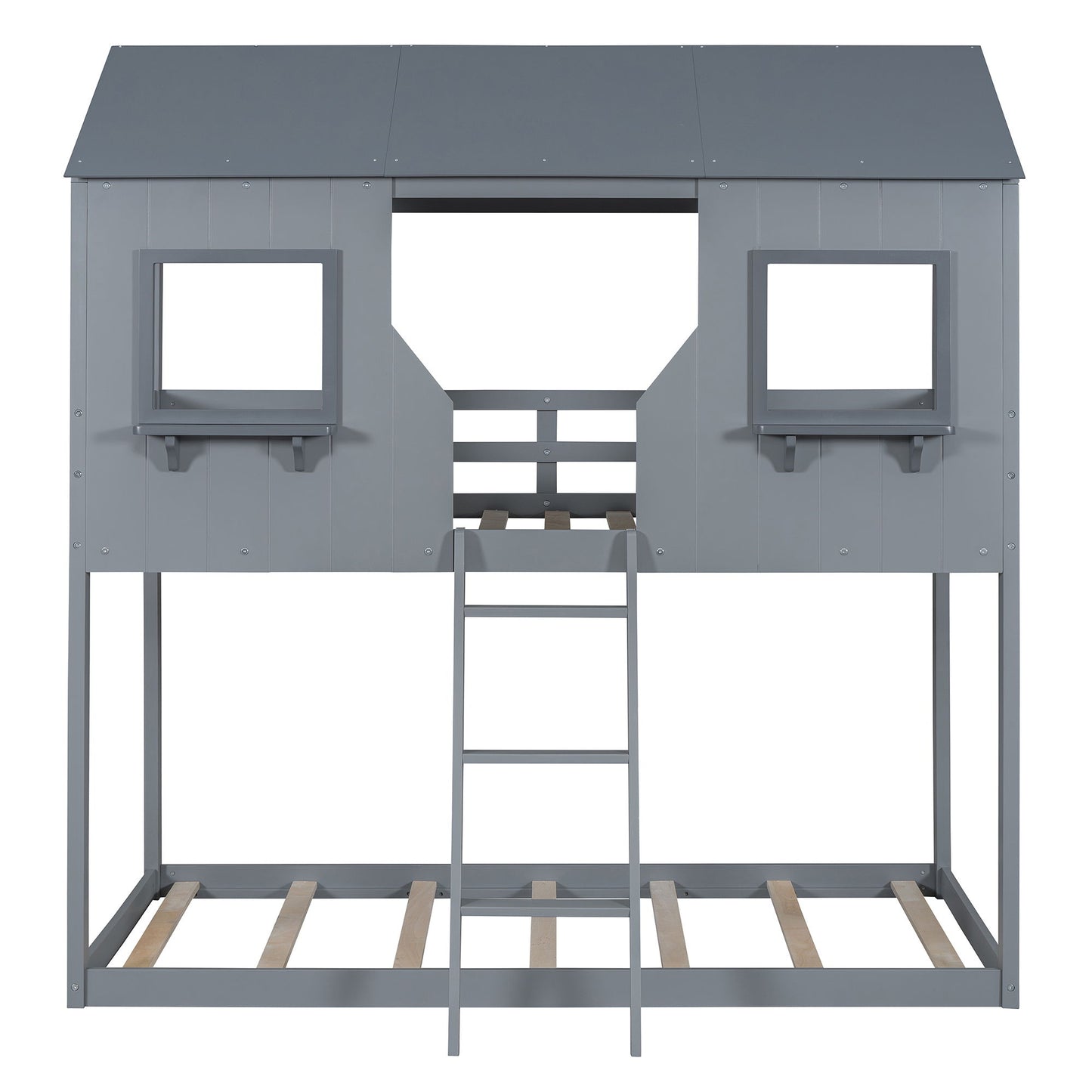 Twin Over Twin Bunk Bed With Roof, Window, Guardrail, Ladder - Gray