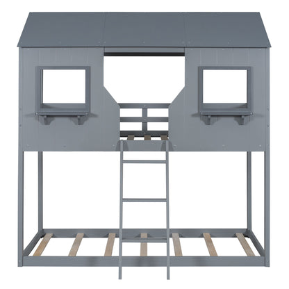Twin Over Twin Bunk Bed With Roof, Window, Guardrail, Ladder - Gray