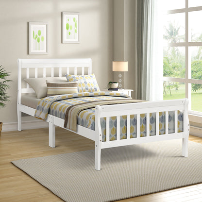 Twin Platform Bed, Mattress Foundation Sleigh Bed With Headboard, Footboard, Slat Support - White