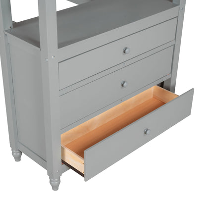 Twin Size Loft Bed With Drawers And Desk, With Shelves - Gray