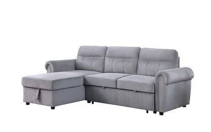 Ashton - Velvet Fabric Reversible Sleeper Sectional Sofa Chaise - Gray