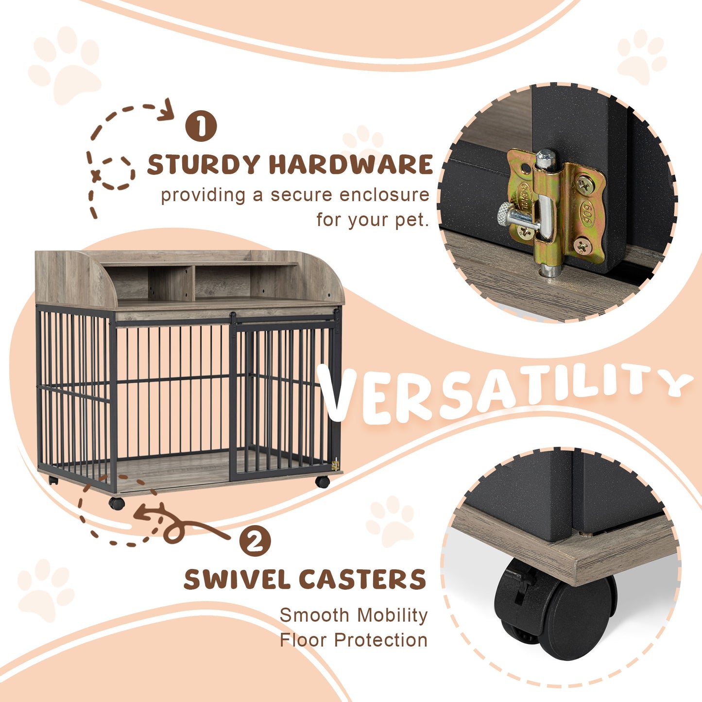44'' Heavy Duty Large Dog Crate Furniture For Large Medium Dog With Lockable Wheels, Wooden Dog Crate Dog Kennel, End Table Crate With Double Layer Storage - Gray