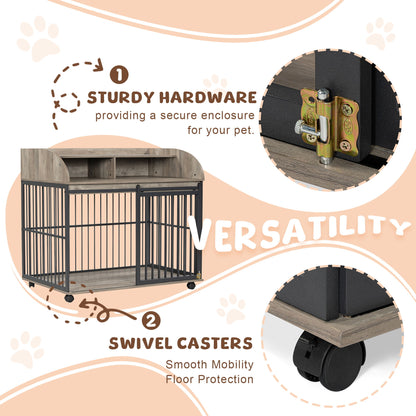 44'' Heavy Duty Large Dog Crate Furniture For Large Medium Dog With Lockable Wheels, Wooden Dog Crate Dog Kennel, End Table Crate With Double Layer Storage - Gray
