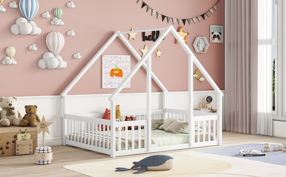 Full Wood House-Shaped Floor Bed With Fence, Guardrails - White
