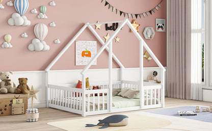 Full Wood House-Shaped Floor Bed With Fence, Guardrails - White