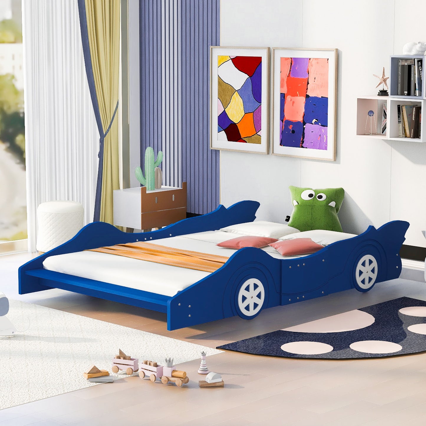 Full Size Race Car-Shaped Platform Bed & Wheels - Blue