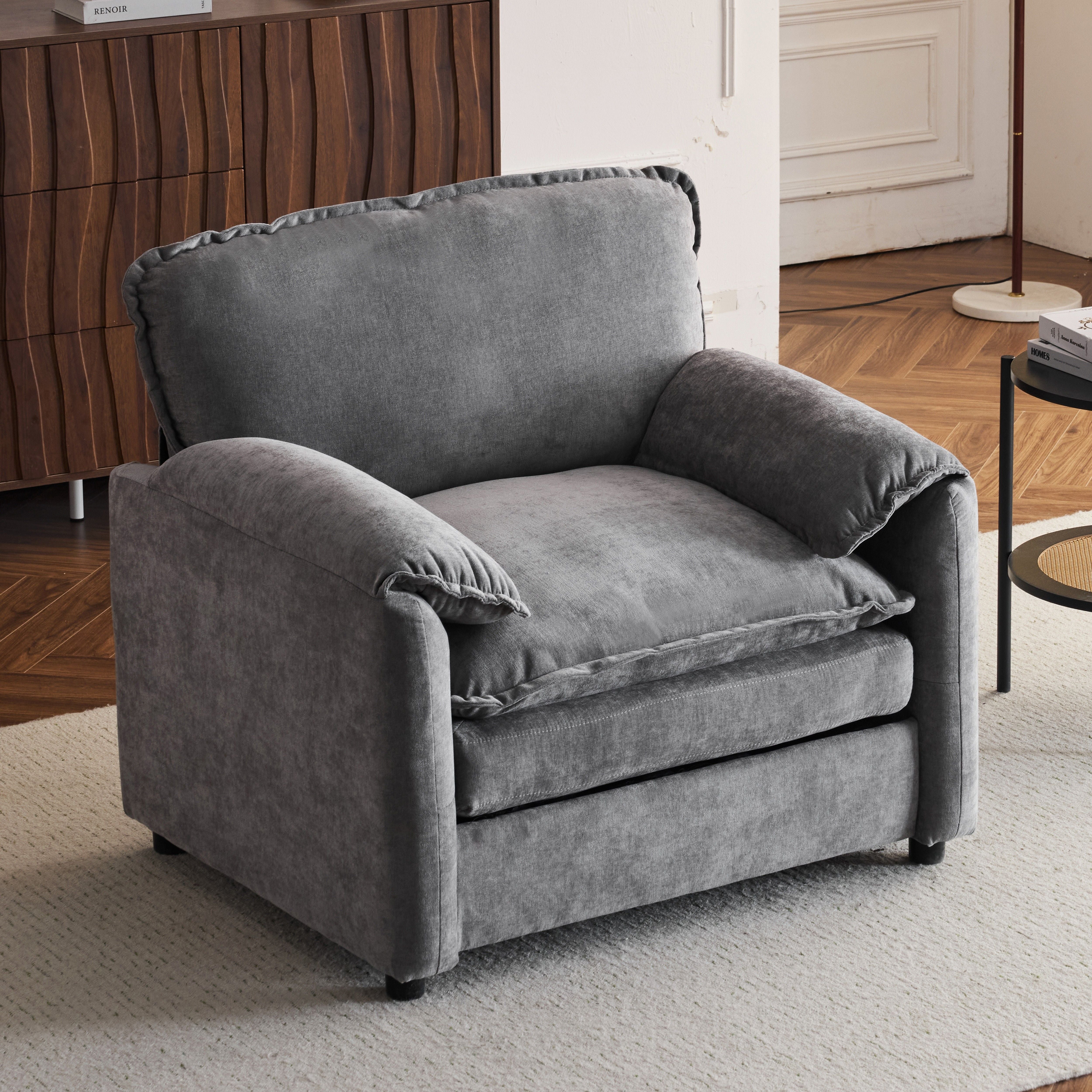 Oversized Reading Armchair With Thick Cushions, High Back Support - Gray
